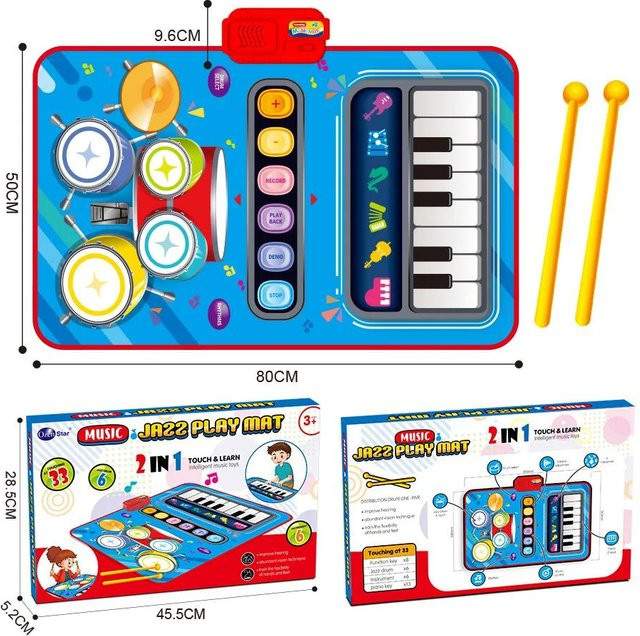 Wucifang Bags Kinder-Trommel-Klaviermatte, Bodenkeyboard, Tanz- und Spielteppich, Blau, ab 3 Jahre - Bild 1