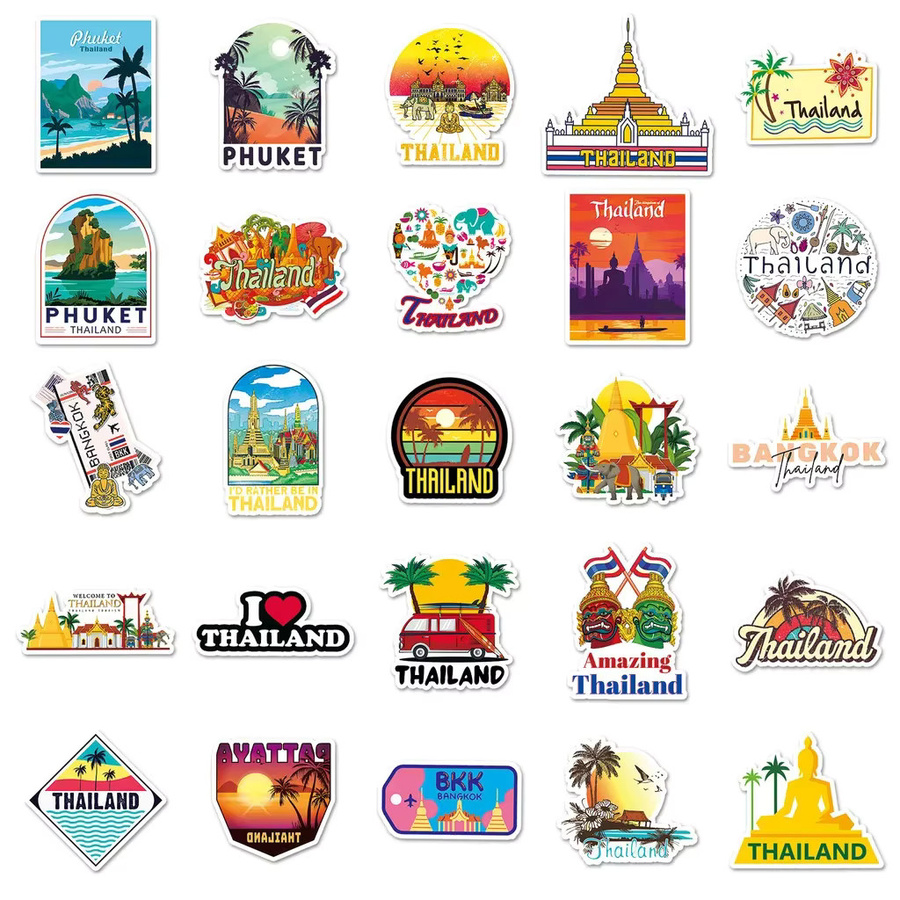 50 Stück thailändische Reise-Landschafts-Handbuch-Aufkleber, wasserfeste dekorative Aufkleber in Multicolour für Handyhüllen, Notizbücher und Wasserflaschen - Bild 3