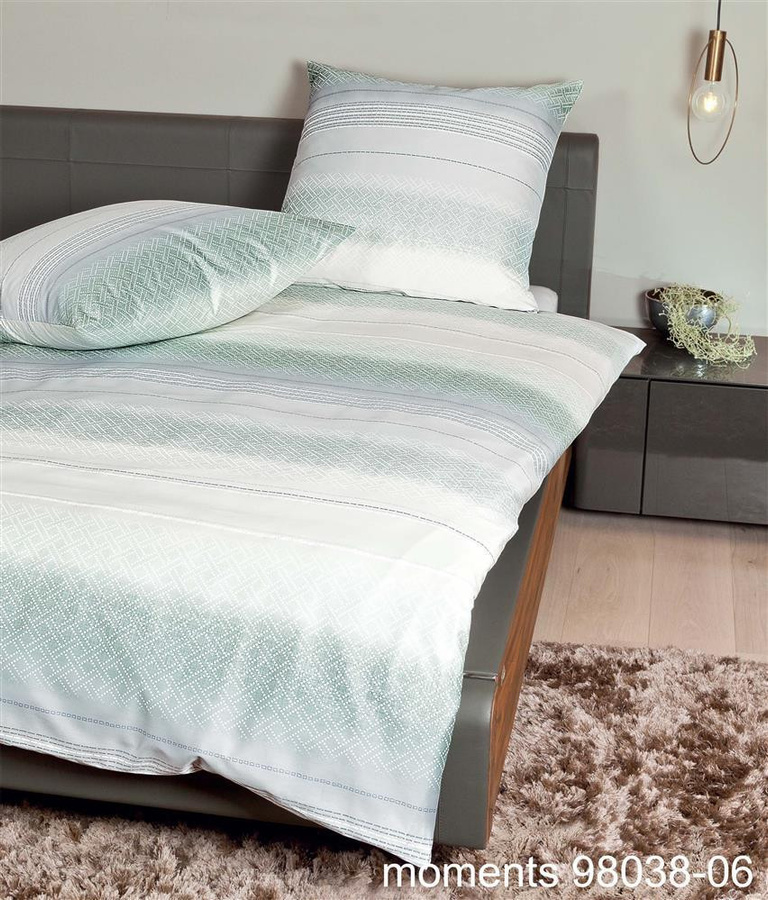 Janine Moments Mako-Satin Bettwäsche mit Streifen in Mineralgrün und Grau, Bettbezug 200 x 200 cm und Kissenbezug 80 x 80 cm - Bild 1