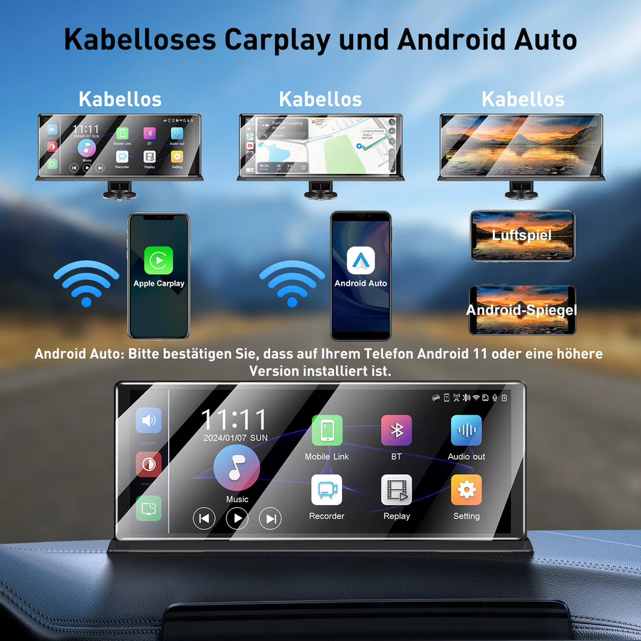 ESSGOO 11.3 Zoll 4K Ultra HD Wireless CarPlay Dashcam mit Android Auto, 1080p Heckkamera, GPS, Bluetooth, FM und Lenkradsteuerung in Schwarz - Bild 2