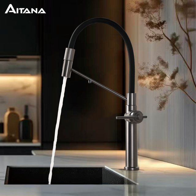 Aitana 3-in-1 Einloch-Küchenarmatur in Gun Grey mit separatem Filter-Wasserhahn und ausziehbarem Sprühhahn für Heiß- und Kaltwasser - Bild 1