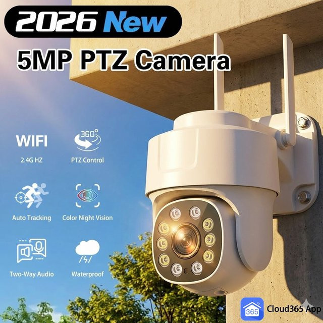 Cloud365 Smart Home WLAN-IP-Kamera PTZ Outdoor mit 5MP 2k Auflösung, wasserdichter Sicherheitsschutz und Vollfarb-Nachtsicht in Weiß - Bild 1