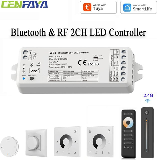 CENFAYA Bluetooth & RF 2CH LED-Controller Smart Dimmer für DC12V 24V CCT LED-Streifen mit 2.4G Fernbedienung Kompatibilität - Bild 1