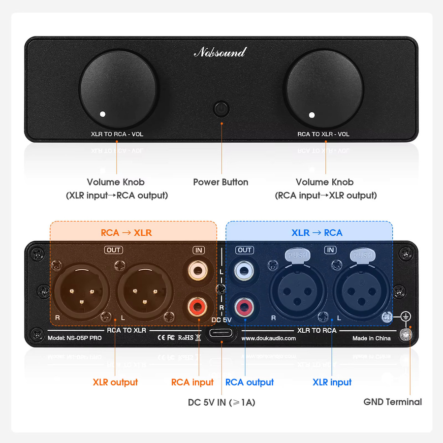 Nobsound NS-05 PRO HiFi XLR zu RCA Audiokonverter, bidirektionaler Adapter-Vorverstärker mit Lautstärkeregelung, Schwarz - Bild 2
