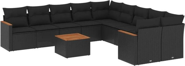 vidaXL 11-teilige Garten-Sofagarnitur aus Poly-Rattan und Akazienholz mit Kissen in Schwarz - Bild 1