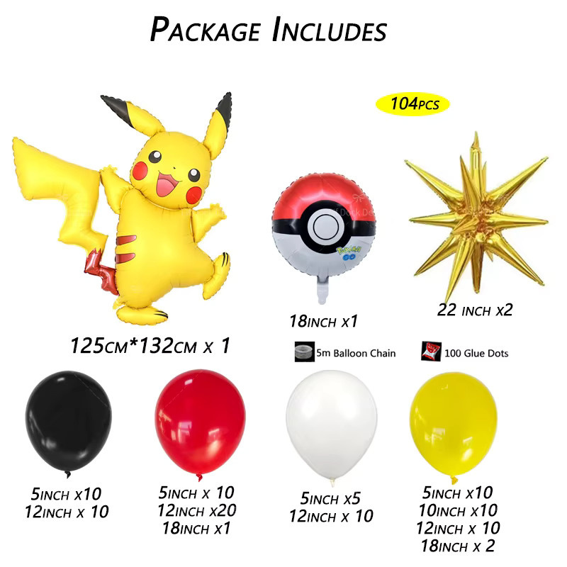 Potdemiel Pokemon Pikachu Ballon Bogen Kit mit 104 Stück Latexballons in Rot, Gelb und Schwarz für Kindergeburtstage und Mottopartys - Bild 2