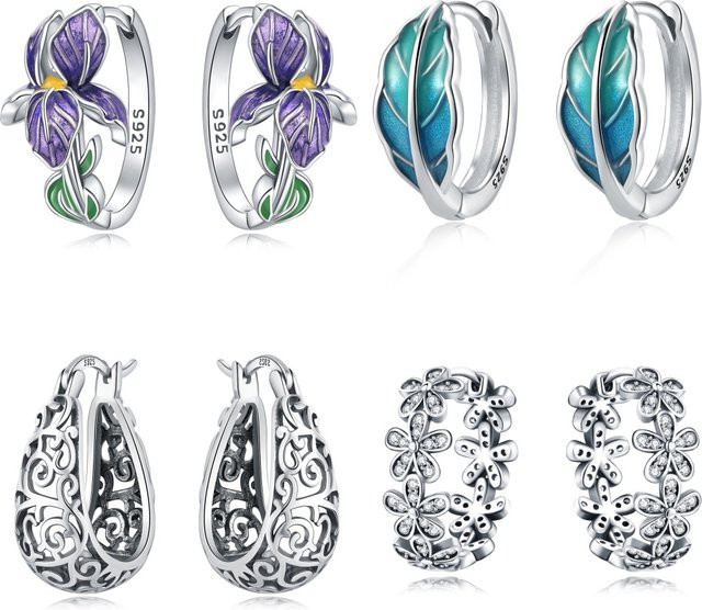 Creolen 925 Silber, lila Blumen, Damen - Bild 1