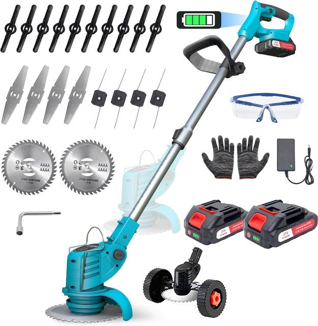 OWJHE Elektrischer Trimmer mit 1800W, 7800/min, Teleskopstange 95-135 cm, 2-Zellen-Akku, 15 cm Schnittbreite und 180 Grad verstellbarem Kopf, Blau - Bild 1