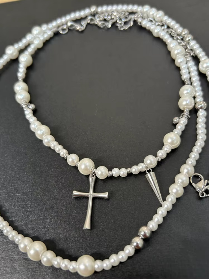 EDY STONE Halskette, Edelstahl, Perle, Kreuz-Anhänger, Silber, Unisex - Bild 2