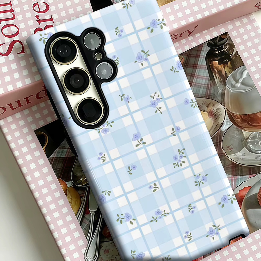 Stoßfeste Doppelschicht-Handyhülle mit hellblauem Gingham-Lavendel-Blumenmuster für Samsung Galaxy S25 Ultra, S24 und S23 Ultra Plus - Bild 3
