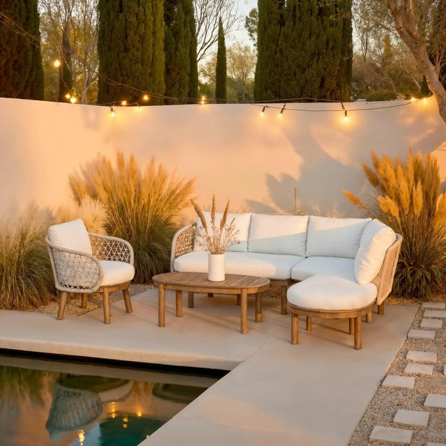 Bessagi Garden Loungegarnitur Belaya L-Form in Weiß und Grau mit Akazienholz und Outdoorstoff - Bild 1
