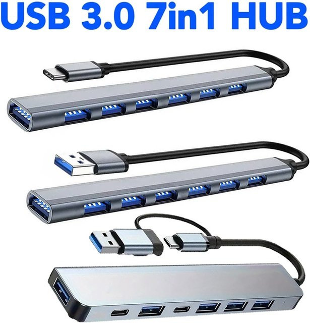 KAFNHCKA 7-in-1 USB 3.0 Hub mit USB-C und USB-A Splitter in Silber für PC, Laptop und MacBook - Bild 1