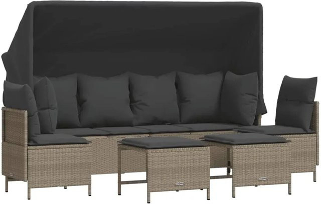 vidaXL 5-tlg Garten-Sofagarnitur aus PE-Rattan in Hellgrau mit Kissen und Dach - Bild 1