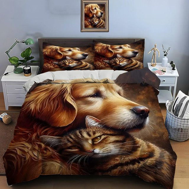 Flylo Bettwäsche-Set mit Hunde- und Katzen-Motiv in Braun, bestehend aus 1 Bettbezug und 2 Kissenbezügen, B/H: 180 x 210 cm - Bild 1