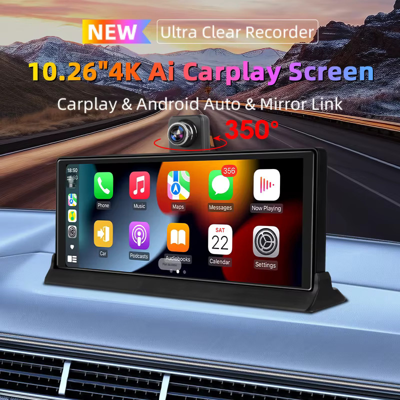 Jansite 4K Dashcam mit 10,26 Zoll Display, kabellosem CarPlay und Android Auto, GPS-Navigation und 350 Grad drehbarer Linse, Rückfahrkamera, Schwarz - Bild 2