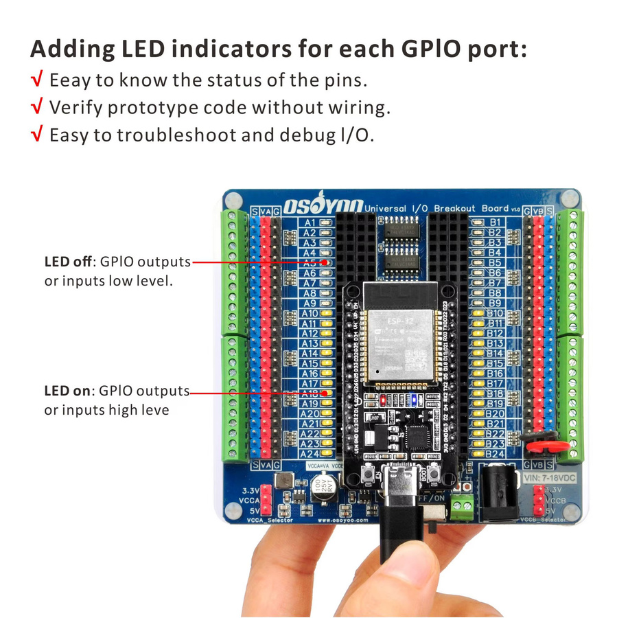 OSOYOO Universal IO Breakout Board Blau – GPIO-Erweiterungs- und Debugging-Plattform für Arduino Nano, ESP32, ESP8266 NodeMCU und Raspberry Pi - Bild 4