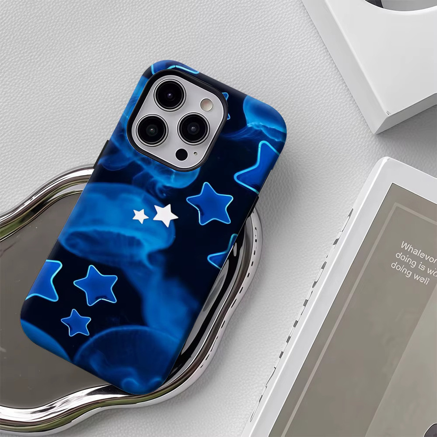 Potdemiel Handyhülle Blue Jellyfish & Stars für iPhone 17 16 15 14 13 12 11 Pro Max Plus mit doppelschichtiger Rückseite in Blau - Bild 4