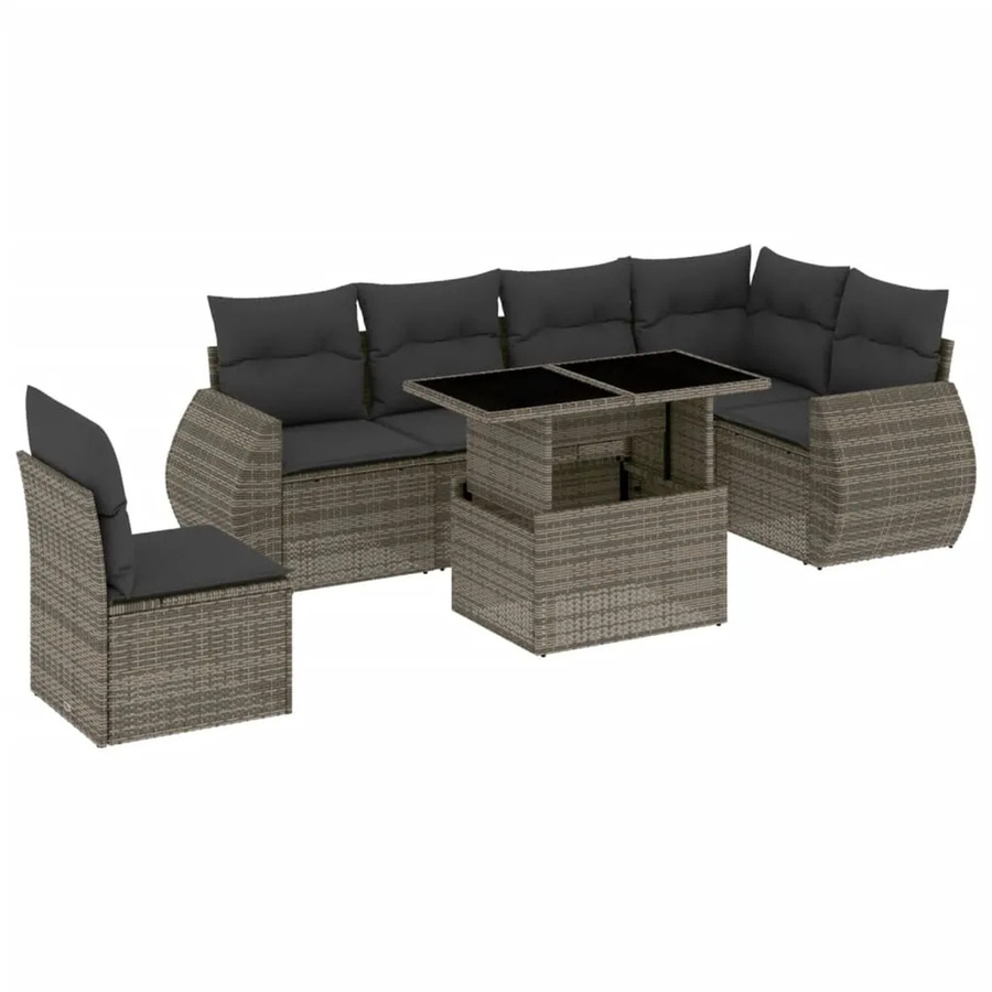 vidaXL 7-tlg Garten-Sofagarnitur in L-Form aus grauem Poly-Rattan mit Kissen und pulverbeschichtetem Stahlgestell - Bild 2