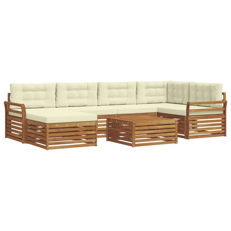 vidaXL Outdoor-Sofagarnitur 7-teilig in L-Form aus Akazienholz mit Kissen in Natur und Creme - Bild 2