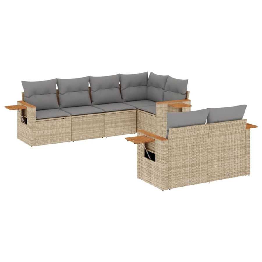 vidaXL 7-teilige Garten-Sofagarnitur in L-Form aus Polyrattan und Akazienholz mit Kissen in Beige-Grau - Bild 2