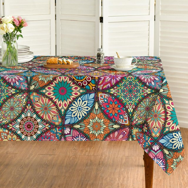 JMG Household Supplies Rechteckige Tischdecke im Bohemian Stil mit geometrischem Mandala- und Floral-Print, Mehrfarbig, B/T: 140 x 140 cm - Bild 1