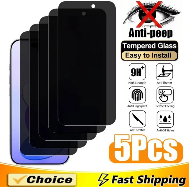 5er-Pack Arvin Blickschutzfolien Anti-Spy Schutzglas für iPhone 17 16 15 14 13 12 11 Pro Max Mini XR X XS Plus in Schwarz - Bild 1