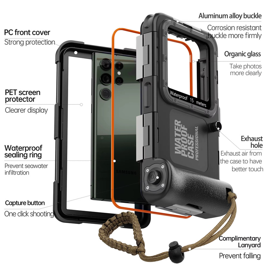 Shellbox Professional wasserdichte Hülle für Samsung 4. Generation, IP68 Standard, 15m Tauchschutz, Schwarz - Bild 5