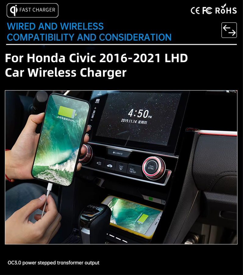 MOCENDO 15W Kabelloses Ladegerät für Honda Civic 2016-2021 LHD, Qi Schnellladung Induktions-Handyhalterung, Schwarz - Bild 2