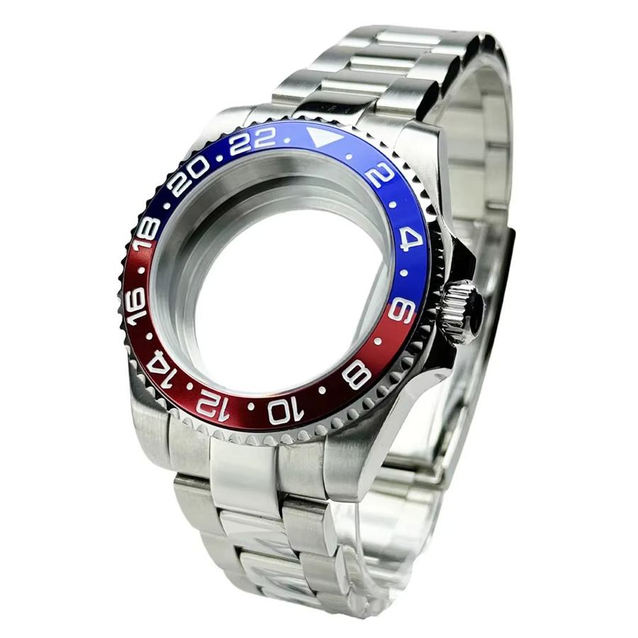 GRAYSS Taucheruhrengehäuse Edelstahl, Rot-Blaue Lünette, Silber, Unisex - Bild 2