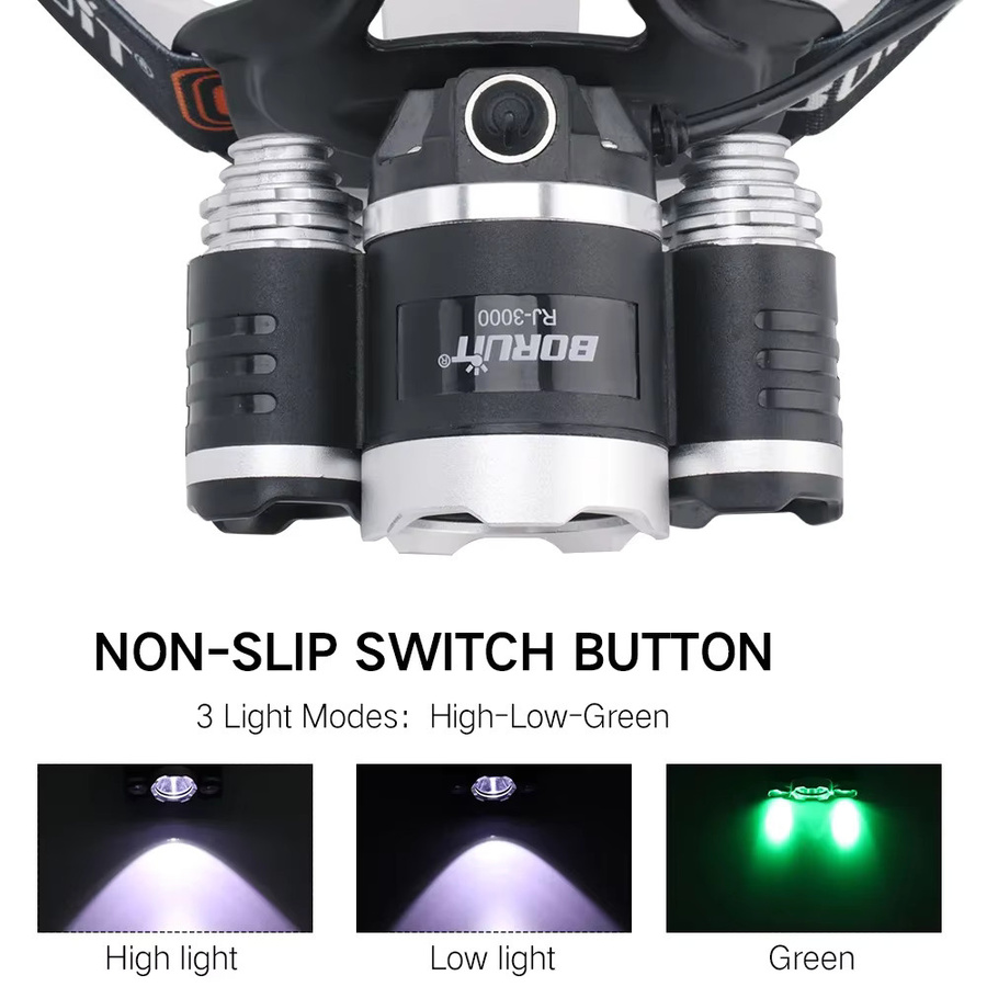 BORUiT RJ-3000 LED-Stirnlampe in Grün und Schwarz mit 3000 lm, wiederaufladbarer USB-Typ-C-Scheinwerfer, wasserdicht für Camping und Angeln - Bild 2