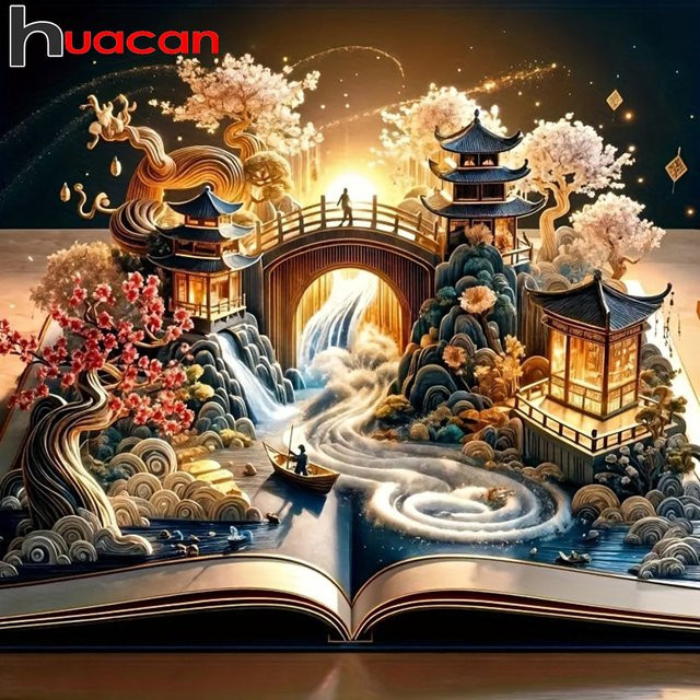 Huacan 5D-Diamantgemälde Landschaft mit Boot, Fluss und Wasserfall, Mehrfarbig, B/H: 20 x 20 cm - Bild 1
