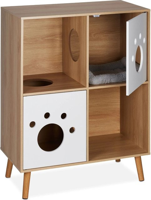 Relaxdays Katzenschrank aus MDF und Kiefernholz in Natur und Weiß mit 4 Fächern, B/T/H: 75 x 40 x 96 cm - Bild 1