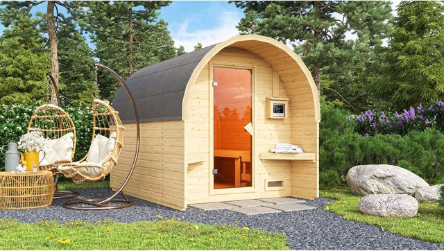 Karibu Fasshaus Life Set naturbelassen mit 9 kW Ofen, externer Steuerung, Kabel und Dachfolie - Bild 1