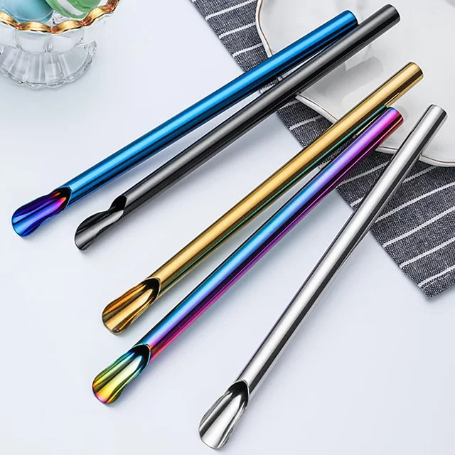 Zoseil Trinkhalm Set aus Edelstahl mit Rührlöffel, 5 Stück, Gold und Multicolour, wiederverwendbare Metall Strohhalme für Bubble Tea und Smoothies - Bild 1