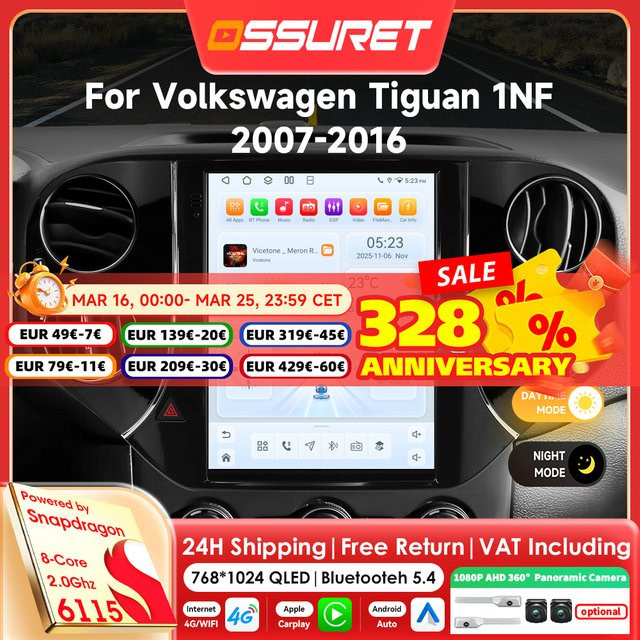 OSSURET Android 14 Autoradio mit 9,7 Zoll Display für Volkswagen Tiguan 1NF 2007-2016, Multimedia-Player mit GPS und 360-Grad-Kamera, Schwarz - Bild 1