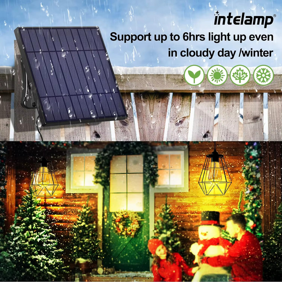 Intelamp Solar-Pendelleuchte mit 4000mAh Akku, schwarzer Metallkorb, Solar-Kronleuchter mit 5m Kabel für Garten, Hof und Pavillon - Bild 3