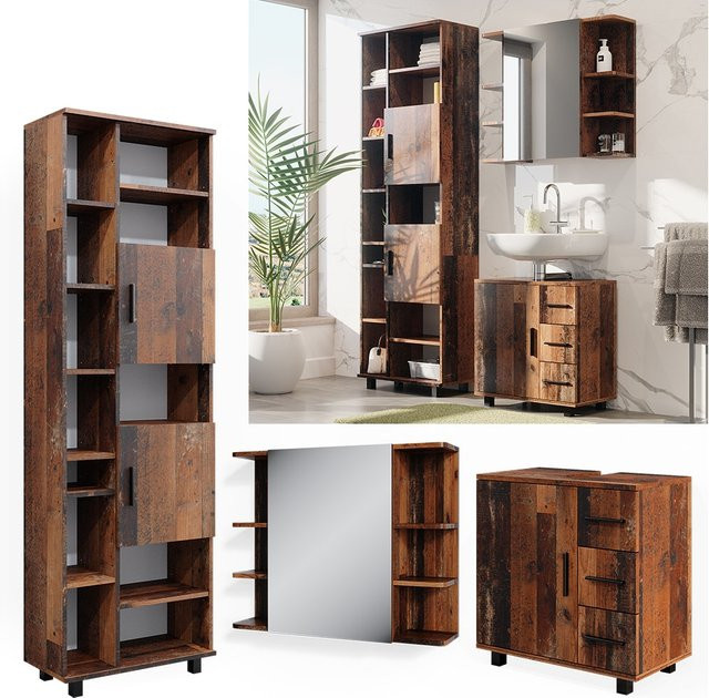 Vicco Badmöbelset Ilias Old Style in Eiche Rustikal Braun, 3-teilig bestehend aus Spiegelschrank, Waschbeckenunterschrank und Badschrank - Bild 1