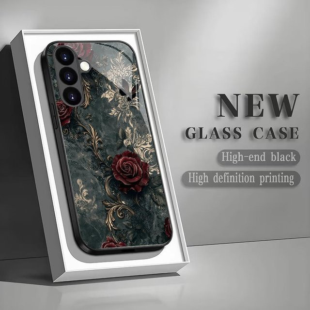 Samsung Handyhülle aus gehärtetem Glas mit schwarzem Retro-Rosen-Design für Galaxy S26 S25 S24 S23 S22 S21 S20 FE Ultra Plus sturzsicher - Bild 1