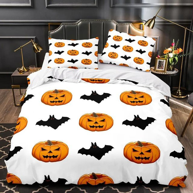 Halloween Bettwäscheset für Kinder mit Totenkopf und Kürbis Motiv, Orange/Weiß, Polyester, 2-teilig, Breite: 135 cm, Länge: 200 cm - Bild 1