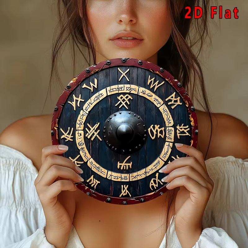 Reus Viking Rune Shield Metallwandkunst mit goldenen Runen, dunklem Holz und rotem Rand, Durchmesser: 20,32 cm - Bild 6