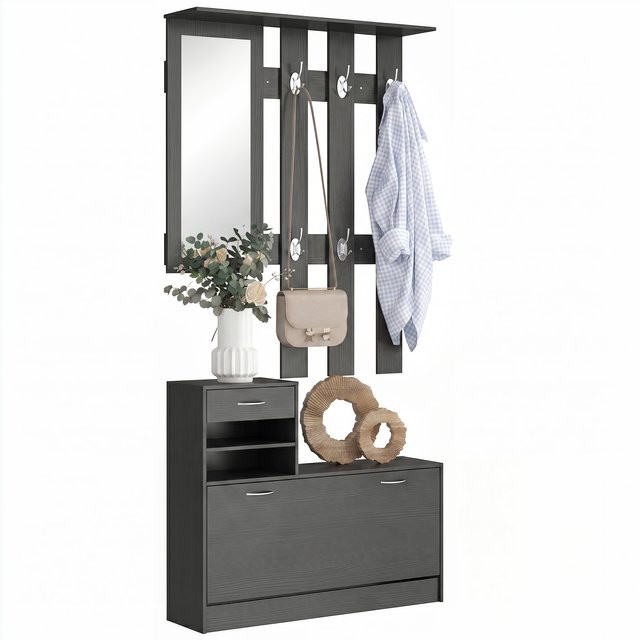 Homcom Flurmöbel-Set in Schwarz bestehend aus Spiegel, Garderobe mit 6 Haken und Schuhregal - Bild 1