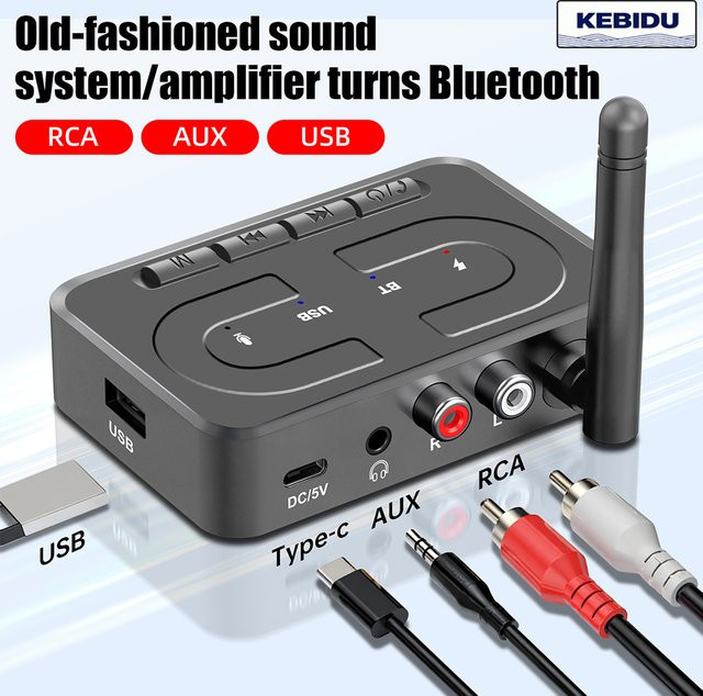 Kebidu Bluetooth 6.0 Audio Receiver Drahtloser Musik Adapter mit Mikrofon für Auto und Lautsprecher in Schwarz mit 3,5mm Jack und RCA Anschluss - Bild 1
