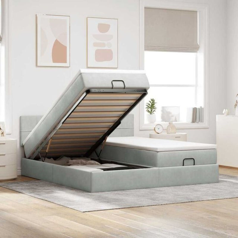 Vidaxl Ottoman Polsterbett mit Matratzen und LED in Hellgrau aus Samt B/T: 200 x 200 cm - Bild 1