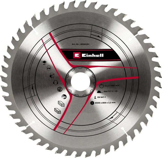 Einhell Hartmetall-Kreissägeblatt für Tischsägen, Farbe: Silber, Durchmesser: 250 mm, Bohrung: 30 mm, Schnittdicke: 3,2 mm - Bild 1