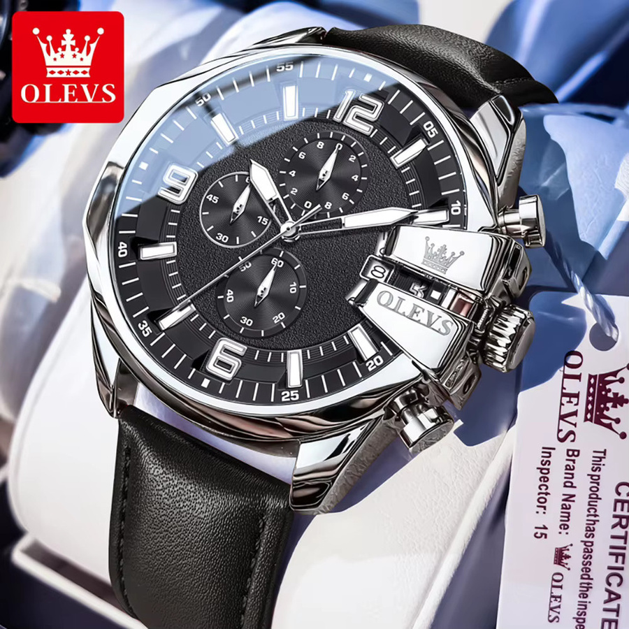 OLEVS Chronograph, Armbanduhr, Quarz, Edelstahl, Leder, 52 mm, Herren - Bild 2