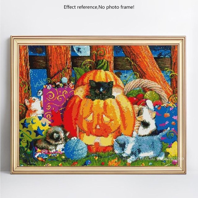 FIYO Diamantmalerei Katze mit Kürbis als Mosaik-Strass-Stickerei in Blau und Multicolour, Breite: 20 cm, Höhe: 30 cm - Bild 1