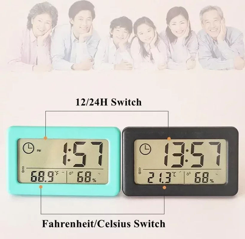 Digitaler Wecker mit Hygrometer und Thermometer, tragbares und wandmontiertes Mini-Elektronik-Gerät aus Kunststoff in Weiß oder Mehrfarbig - Bild 1
