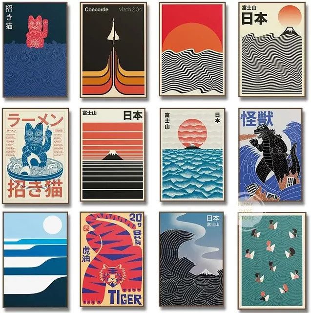 Monster Power Ramen Fortune Cat Leinwand Poster mit minimalistischer Weltraumkunst und Mount Fuji Motiv in Multicolor - Bild 1
