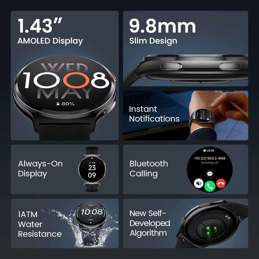 Haylou Solar Lite 2 Smartwatch in Schwarz mit 1,43 Zoll AMOLED-Display, Gesundheitsüberwachung und Sprachanruffunktion für Damen und Herren - Bild 2