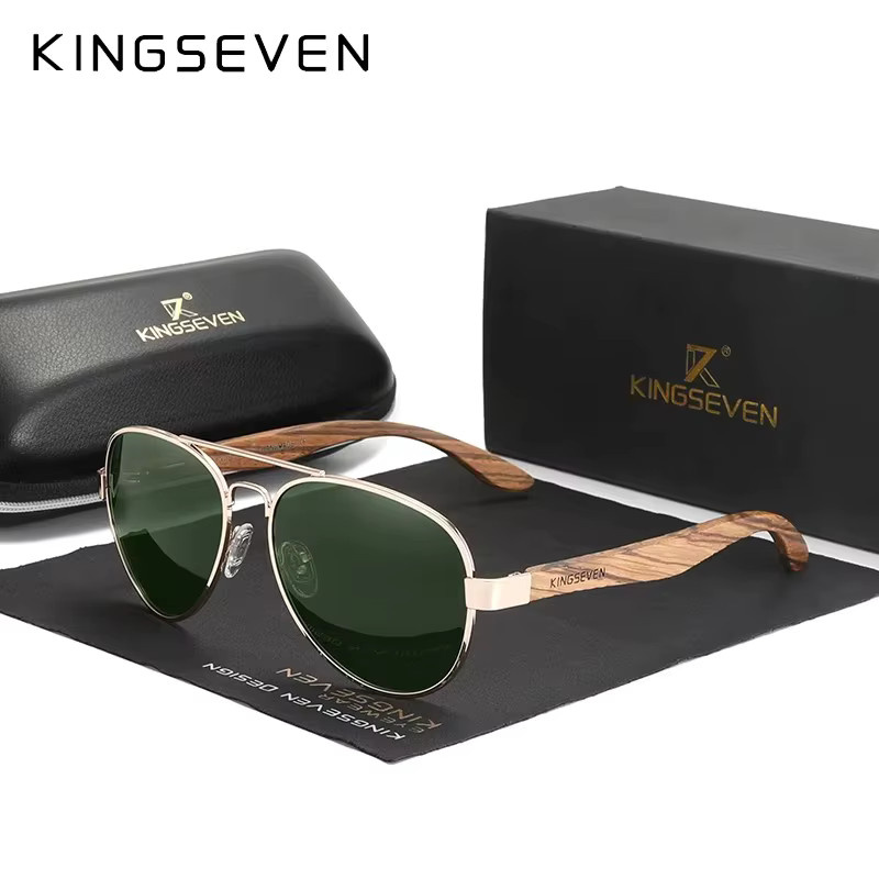 KINGSEVEN Pilot Sonnenbrille, Holz, Vollrand, polarisiert, Unisex - Bild 2